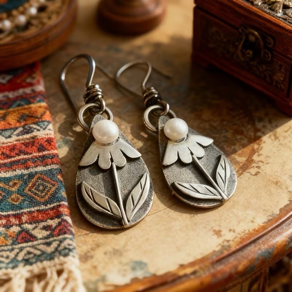 Floral Pearl Teardrop Dangle Earrings Silver Tone Boho Artisan Mixed Metal Style - Picture 3 of 4